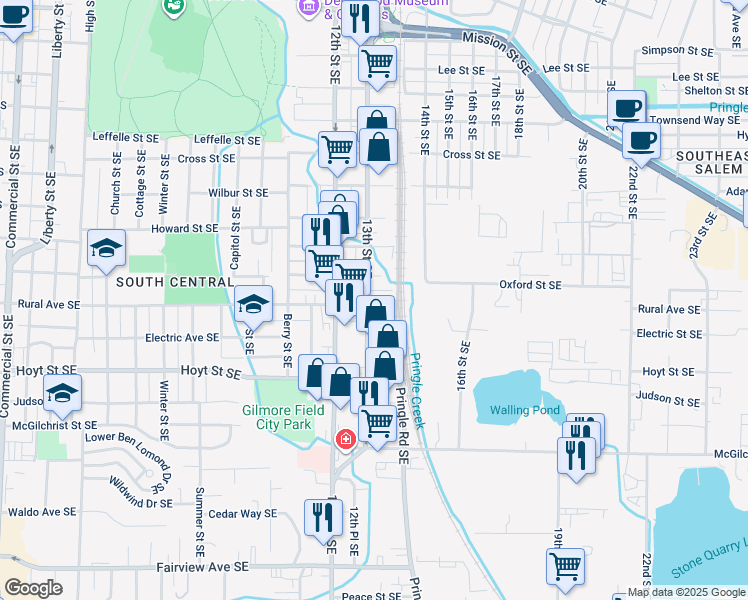 map of restaurants, bars, coffee shops, grocery stores, and more near 1662 13th Street Southeast in Salem