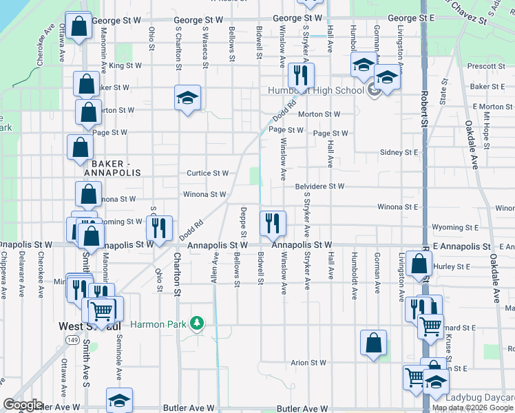 map of restaurants, bars, coffee shops, grocery stores, and more near 140 Belvidere Street West in Saint Paul