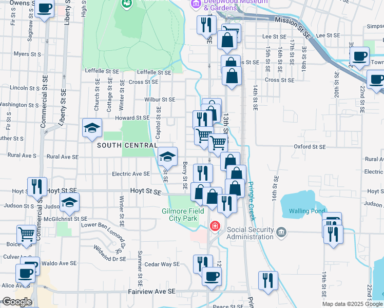 map of restaurants, bars, coffee shops, grocery stores, and more near 1176 Oxford Street Southeast in Salem