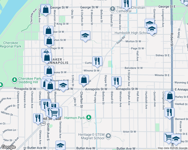 map of restaurants, bars, coffee shops, grocery stores, and more near 211 Winona Street West in Saint Paul