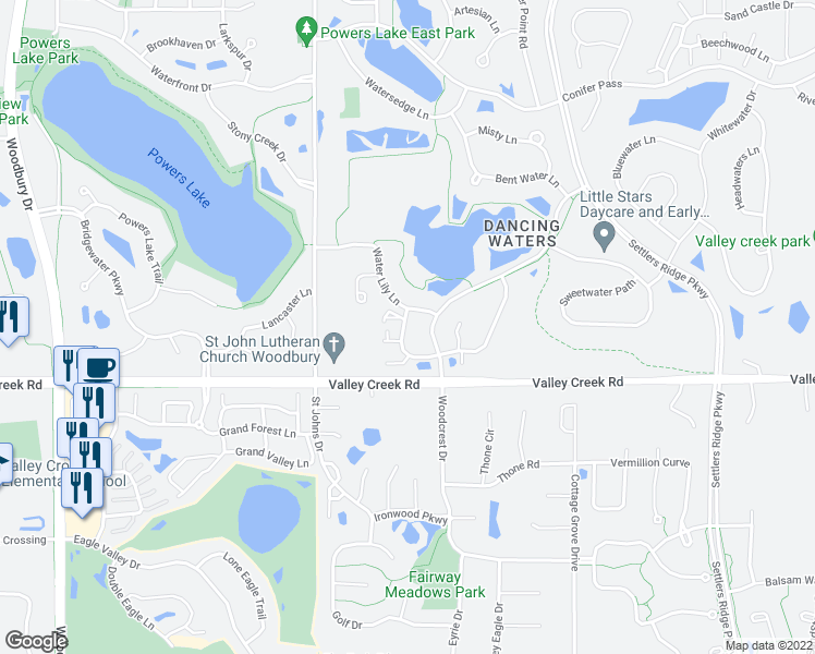 map of restaurants, bars, coffee shops, grocery stores, and more near 10738 Falling Water Lane in Woodbury