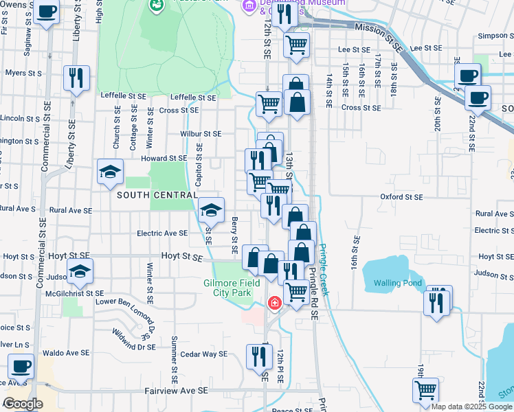 map of restaurants, bars, coffee shops, grocery stores, and more near 1176 Oxford Street Southeast in Salem