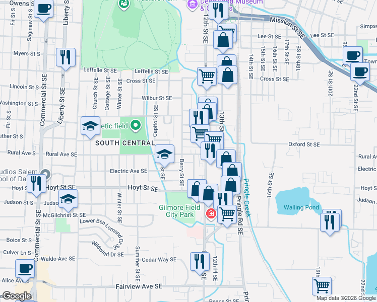 map of restaurants, bars, coffee shops, grocery stores, and more near 1176 Oxford Street Southeast in Salem