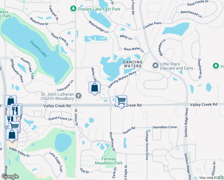 map of restaurants, bars, coffee shops, grocery stores, and more near 10778 Falling Water Lane in Woodbury