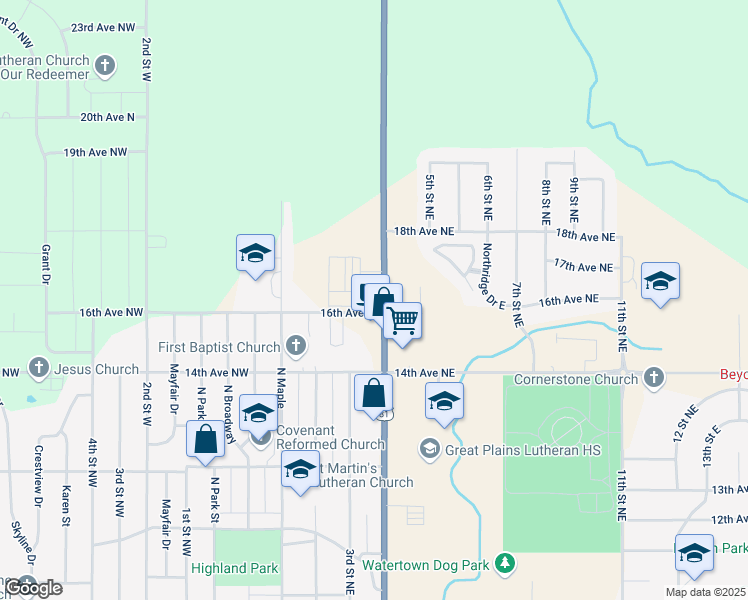 map of restaurants, bars, coffee shops, grocery stores, and more near 1508 4th Street Northeast in Watertown