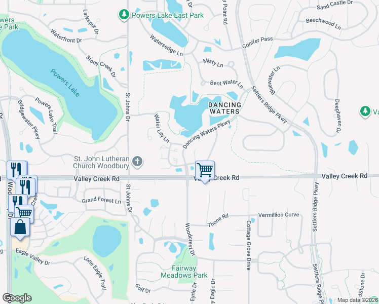 map of restaurants, bars, coffee shops, grocery stores, and more near 10776 Falling Water Lane in Woodbury