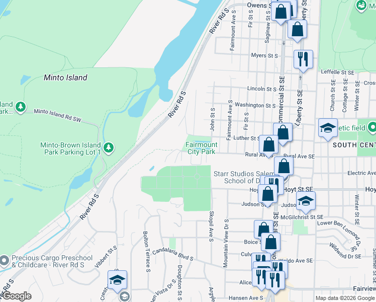 map of restaurants, bars, coffee shops, grocery stores, and more near 651 Rural Avenue South in Salem