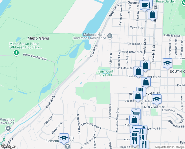 map of restaurants, bars, coffee shops, grocery stores, and more near 1920 River Road South in Salem