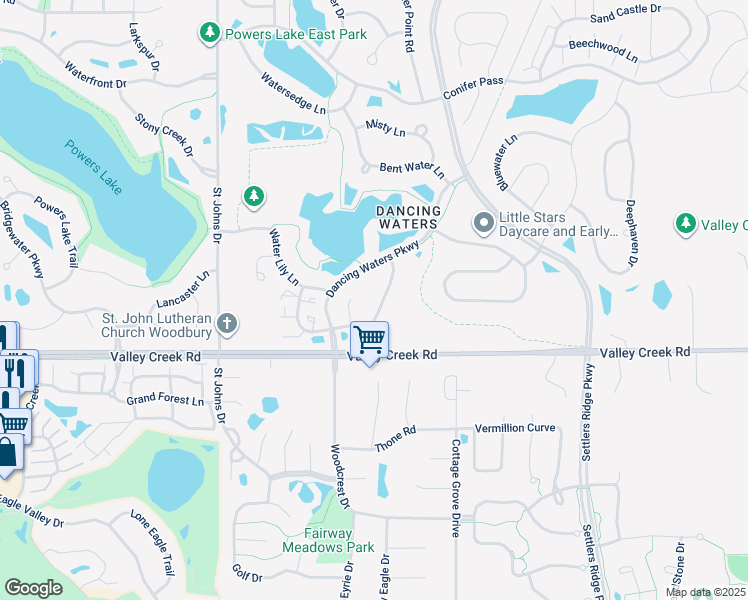 map of restaurants, bars, coffee shops, grocery stores, and more near 10832 Falling Water Lane in Woodbury