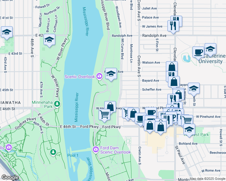 map of restaurants, bars, coffee shops, grocery stores, and more near 636 Mississippi River Boulevard South in Saint Paul