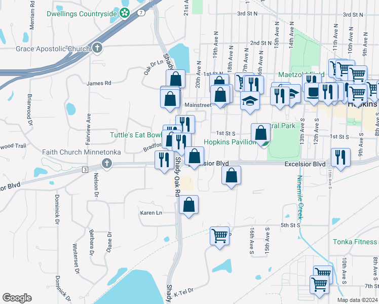map of restaurants, bars, coffee shops, grocery stores, and more near 107 Shady Oak Road in Hopkins
