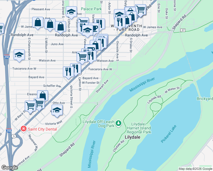 map of restaurants, bars, coffee shops, grocery stores, and more near 739 Stewart Avenue in Saint Paul