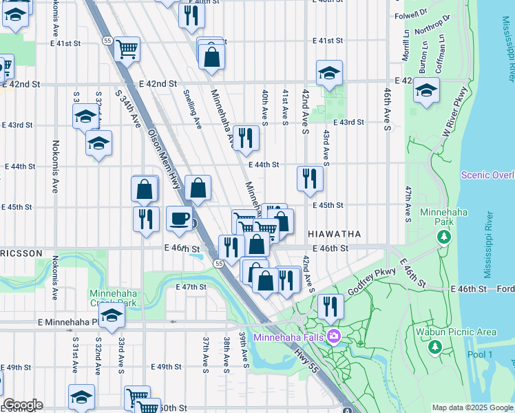 map of restaurants, bars, coffee shops, grocery stores, and more near Minnehaha Ave & E 45th St in Minneapolis