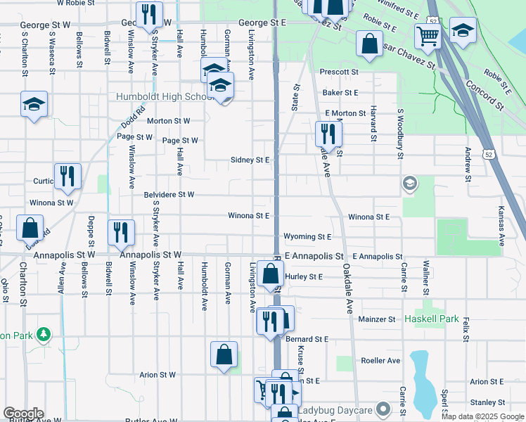 map of restaurants, bars, coffee shops, grocery stores, and more near 83 Winona Street East in Saint Paul
