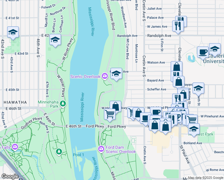 map of restaurants, bars, coffee shops, grocery stores, and more near Mississippi River Boulevard South in Saint Paul