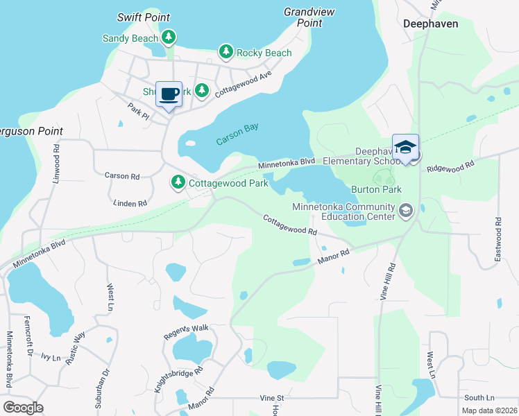 map of restaurants, bars, coffee shops, grocery stores, and more near 19860 Cottagewood Road in Excelsior