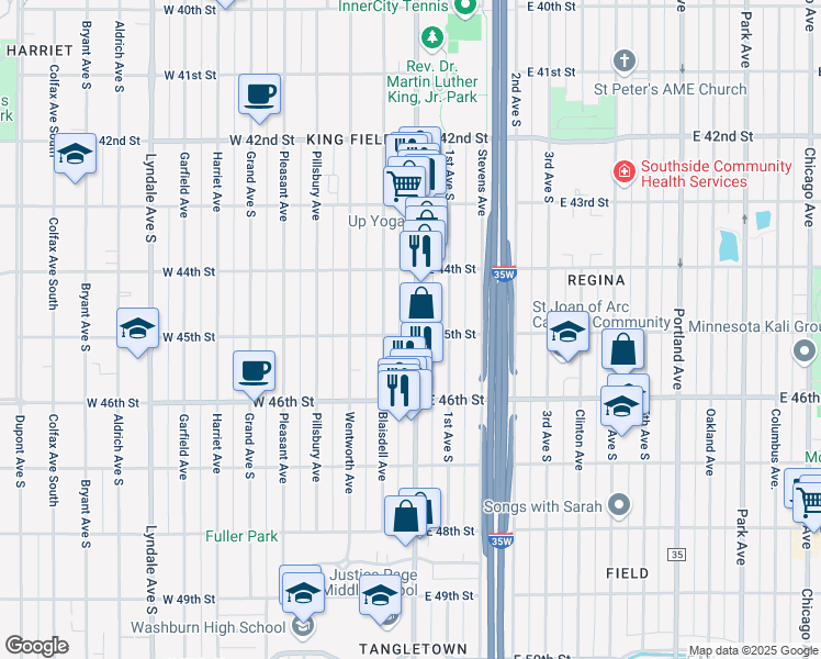 map of restaurants, bars, coffee shops, grocery stores, and more near 4429 Nicollet Avenue in Minneapolis