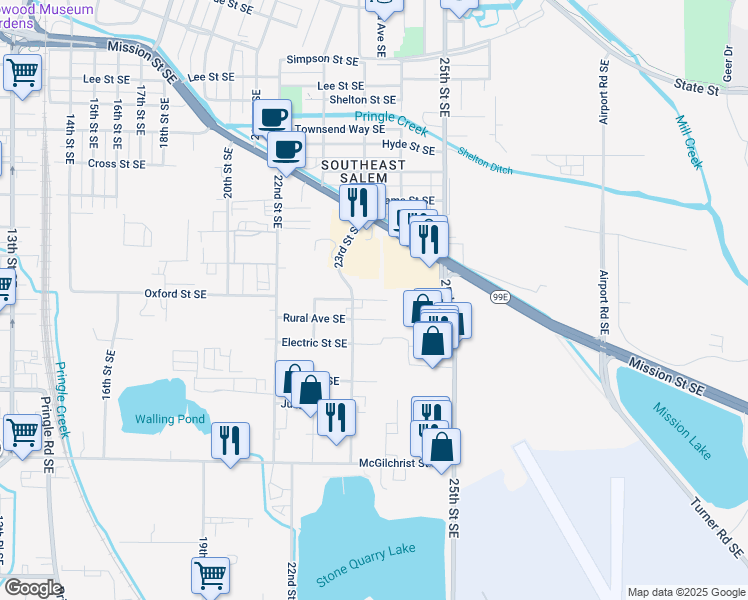 map of restaurants, bars, coffee shops, grocery stores, and more near 2360 Oxford Street Southeast in Salem