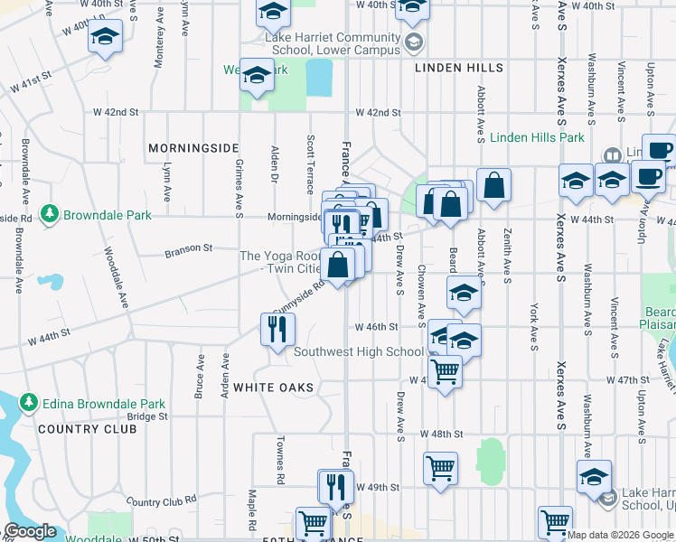 map of restaurants, bars, coffee shops, grocery stores, and more near 4402 1/2 France Avenue South in Minneapolis