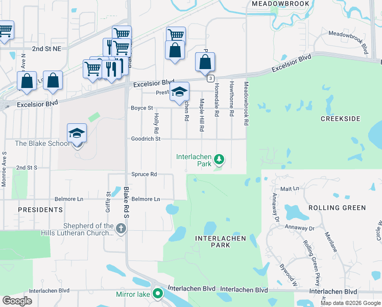 map of restaurants, bars, coffee shops, grocery stores, and more near 216 Interlachen Road in Hopkins