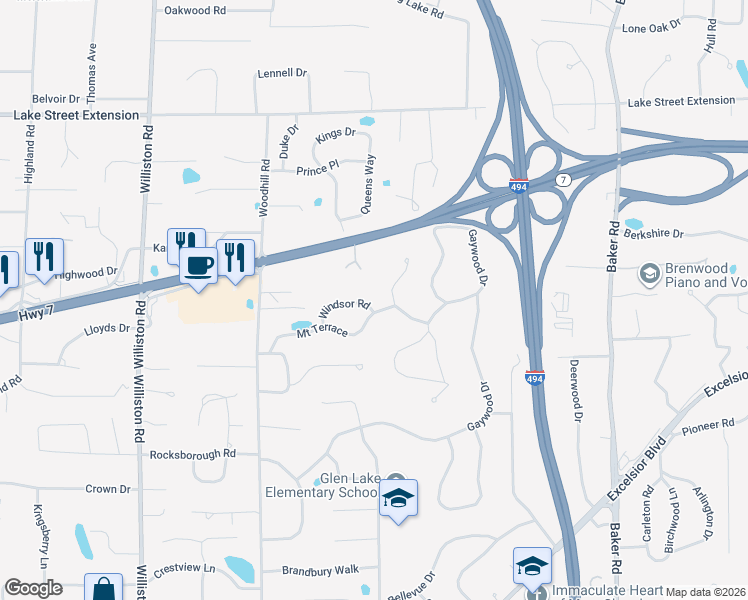 map of restaurants, bars, coffee shops, grocery stores, and more near 4460 Hunters Ridge Road in Minnetonka