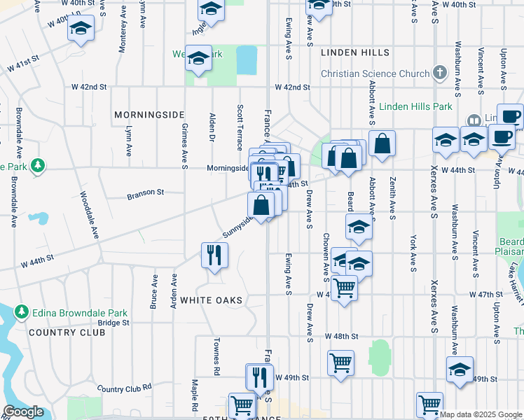 map of restaurants, bars, coffee shops, grocery stores, and more near 4402 1/2 France Avenue South in Minneapolis