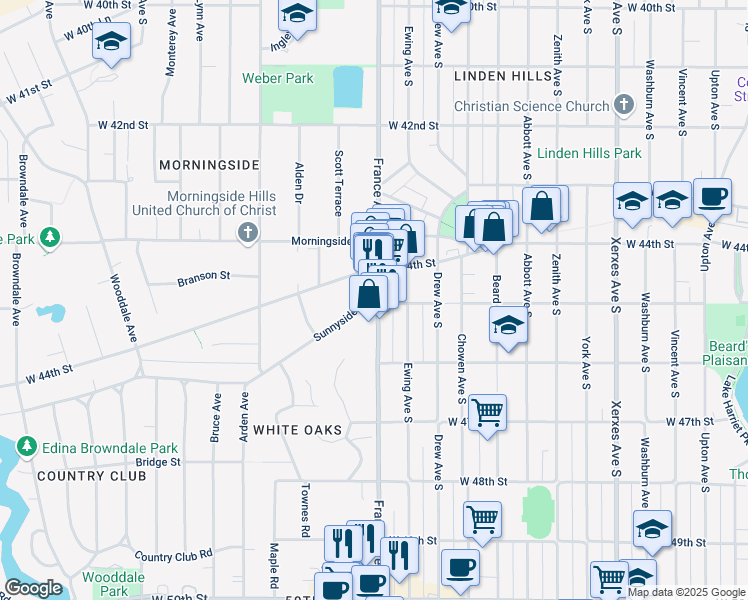 map of restaurants, bars, coffee shops, grocery stores, and more near 3901 Sunnyside Road in Edina