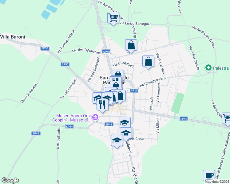 map of restaurants, bars, coffee shops, grocery stores, and more near 12 Piazza Martiri della Libertà in San Secondo Parmense