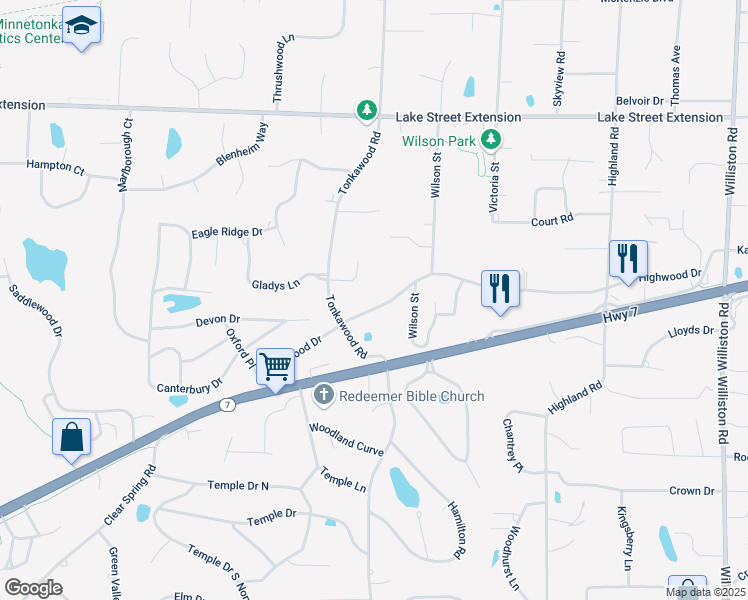 map of restaurants, bars, coffee shops, grocery stores, and more near 15900 Highwood Drive in Minnetonka