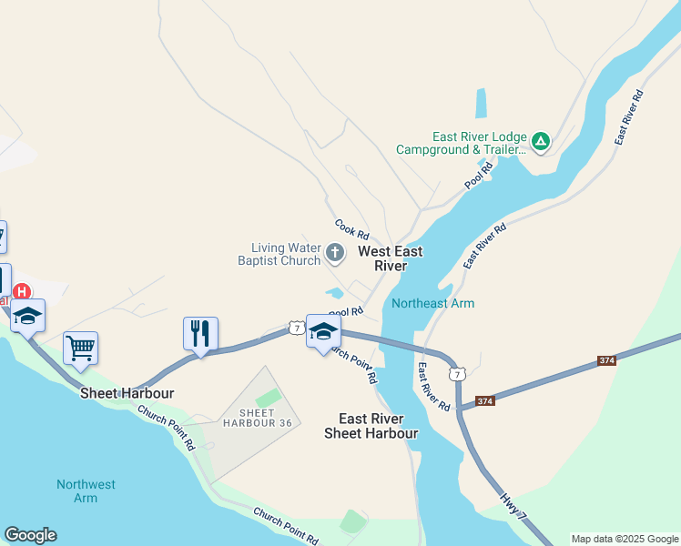 map of restaurants, bars, coffee shops, grocery stores, and more near in Sheet Harbour