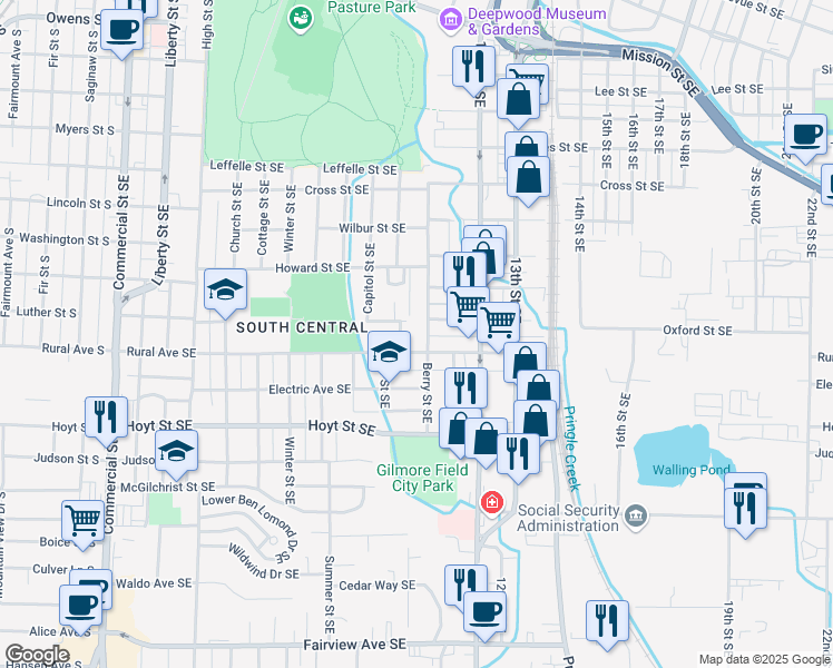 map of restaurants, bars, coffee shops, grocery stores, and more near 1915 Berry Street Southeast in Salem