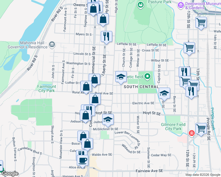 map of restaurants, bars, coffee shops, grocery stores, and more near 1909 High Street Southeast in Salem