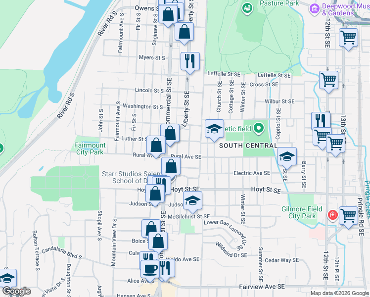 map of restaurants, bars, coffee shops, grocery stores, and more near 360 Oxford Street Southeast in Salem