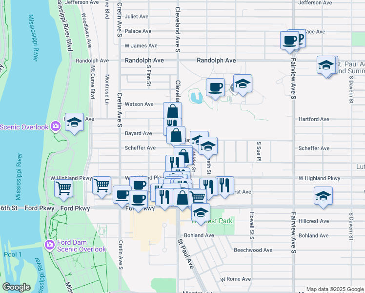 map of restaurants, bars, coffee shops, grocery stores, and more near 647 Cleveland Avenue South in Saint Paul