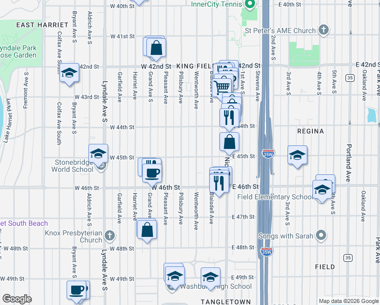 map of restaurants, bars, coffee shops, grocery stores, and more near 4445 Wentworth Avenue in Minneapolis