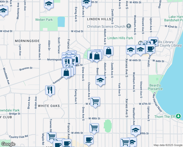 map of restaurants, bars, coffee shops, grocery stores, and more near 4434 Chowen Avenue South in Minneapolis