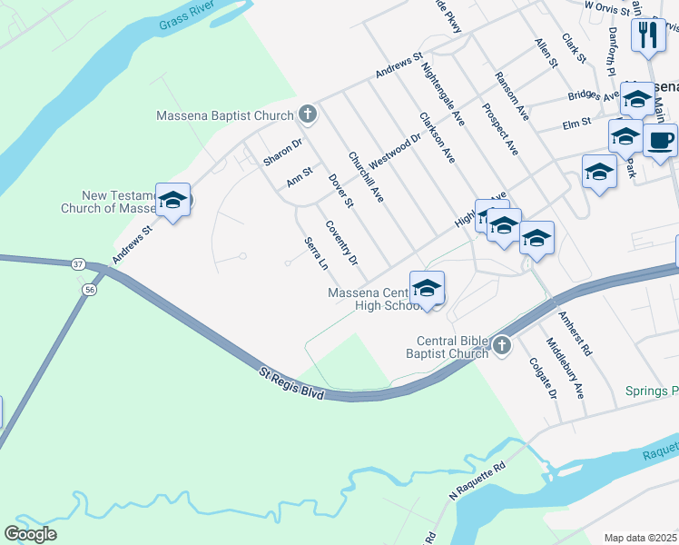 map of restaurants, bars, coffee shops, grocery stores, and more near 15 Serra Ln in Massena