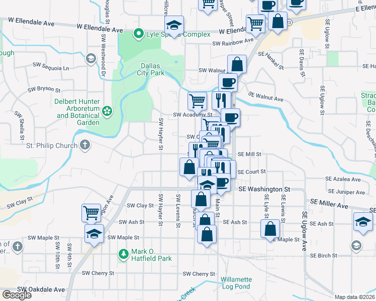 map of restaurants, bars, coffee shops, grocery stores, and more near 265 Southwest Oak Street in Dallas