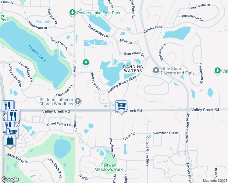 map of restaurants, bars, coffee shops, grocery stores, and more near 10778 Falling Water Lane in Woodbury