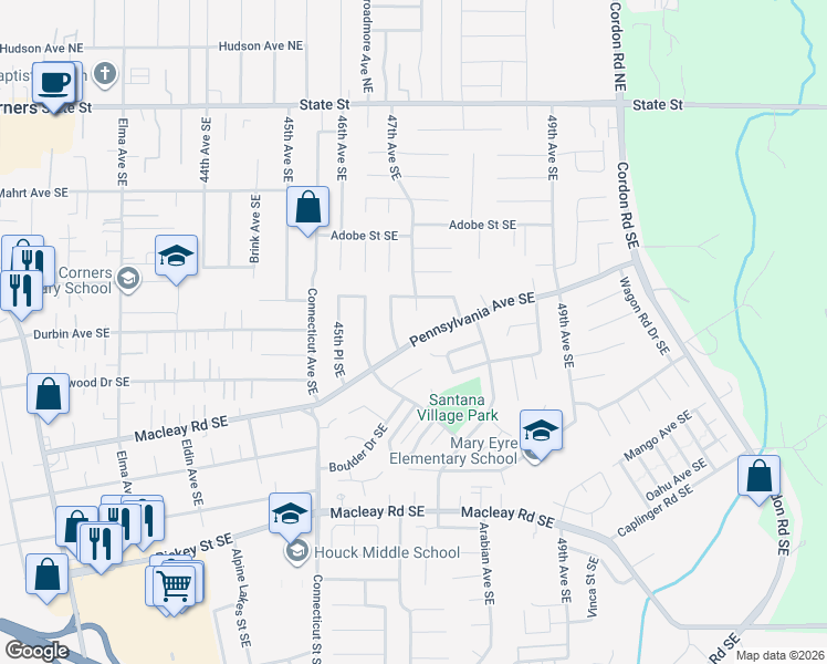 map of restaurants, bars, coffee shops, grocery stores, and more near 571 47th Court Southeast in Salem