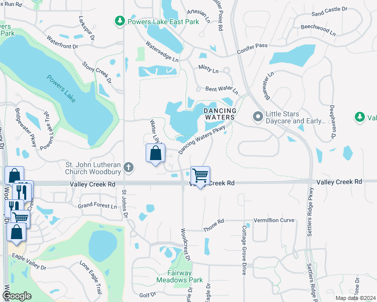 map of restaurants, bars, coffee shops, grocery stores, and more near 10778 Falling Water Lane in Woodbury