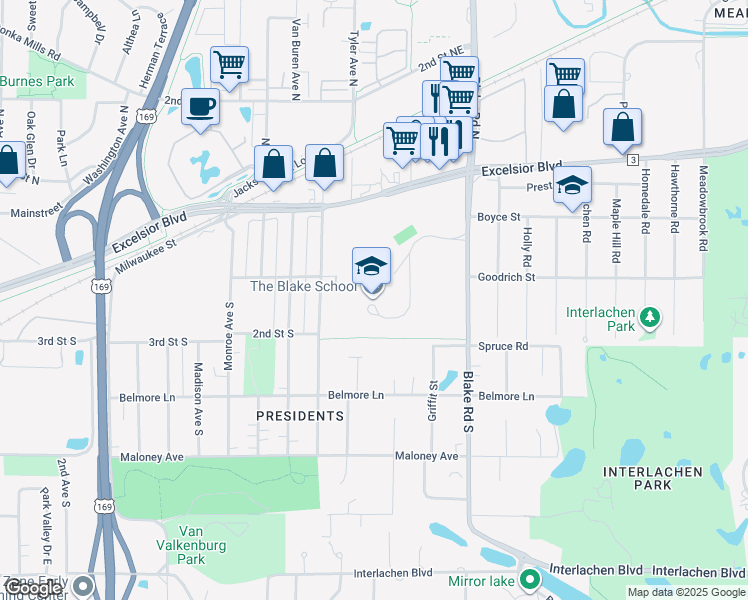 map of restaurants, bars, coffee shops, grocery stores, and more near 110 Blake Road South in Hopkins