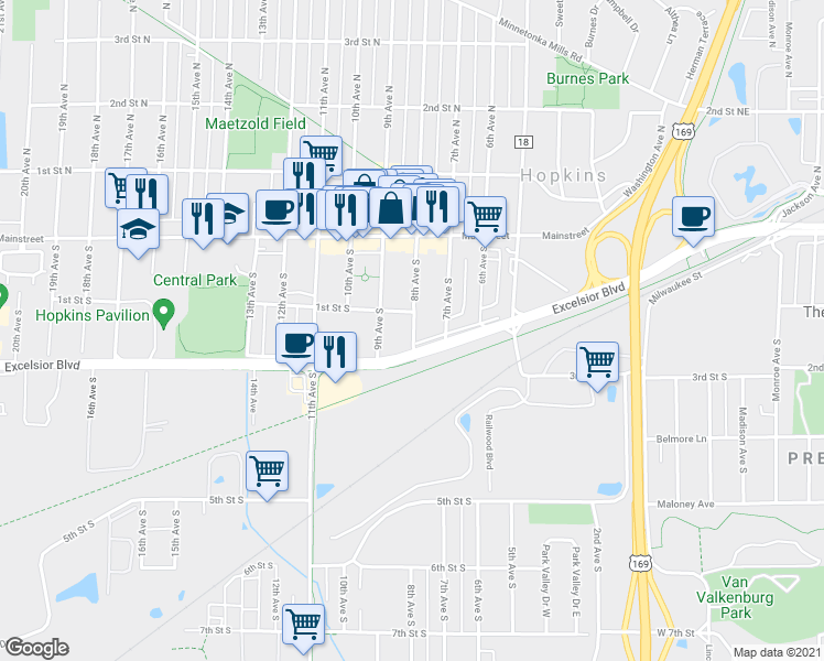 map of restaurants, bars, coffee shops, grocery stores, and more near 33 14th Avenue North in Hopkins
