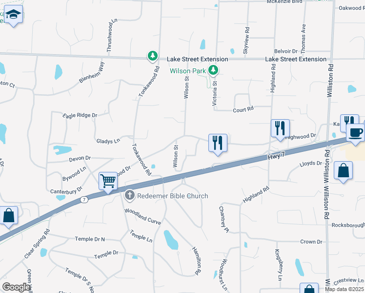 map of restaurants, bars, coffee shops, grocery stores, and more near 4577 Wilson Street in Minnetonka