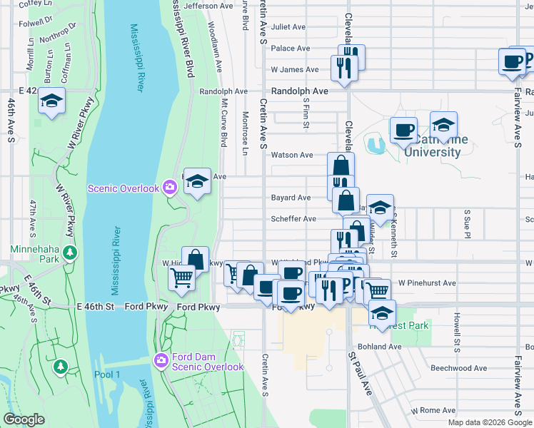 map of restaurants, bars, coffee shops, grocery stores, and more near 2173 Scheffer Avenue in Saint Paul
