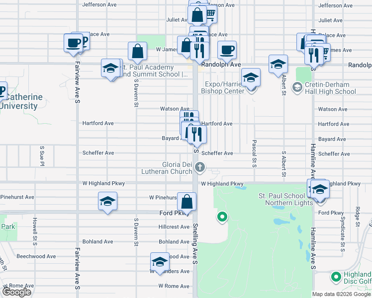 map of restaurants, bars, coffee shops, grocery stores, and more near 1600 Bayard Avenue in Saint Paul