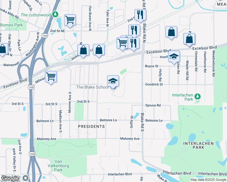 map of restaurants, bars, coffee shops, grocery stores, and more near 110 Blake Road South in Hopkins