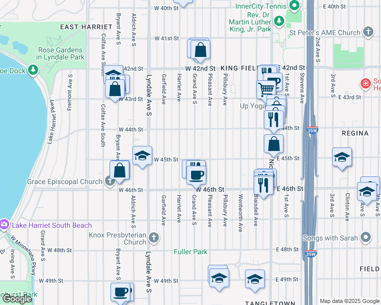 map of restaurants, bars, coffee shops, grocery stores, and more near 4432 Grand Avenue South in Minneapolis