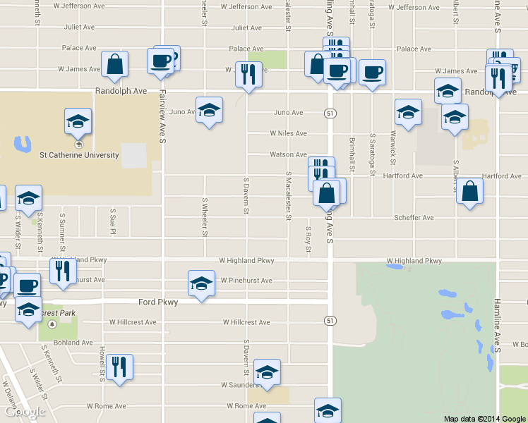 map of restaurants, bars, coffee shops, grocery stores, and more near 1675 Scheffer Avenue in Saint Paul