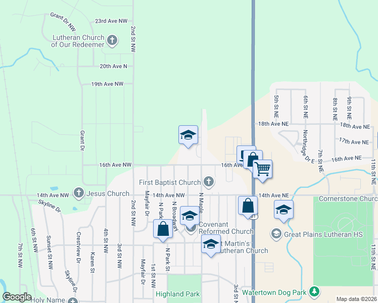 map of restaurants, bars, coffee shops, grocery stores, and more near 1701 North Maple in Watertown